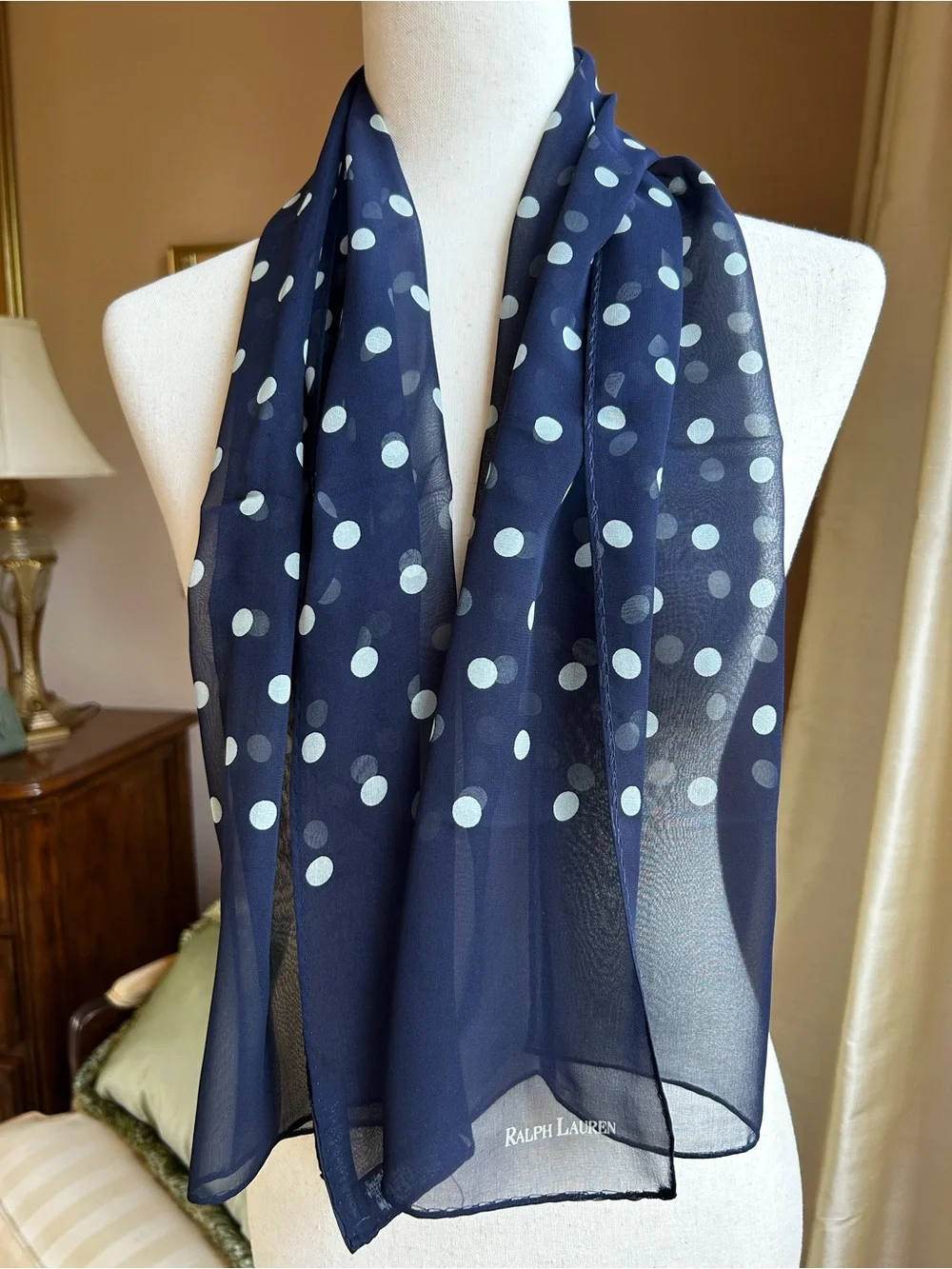 Classic!  Vintage Ralph Lauren Polka Dot Silk Scarf